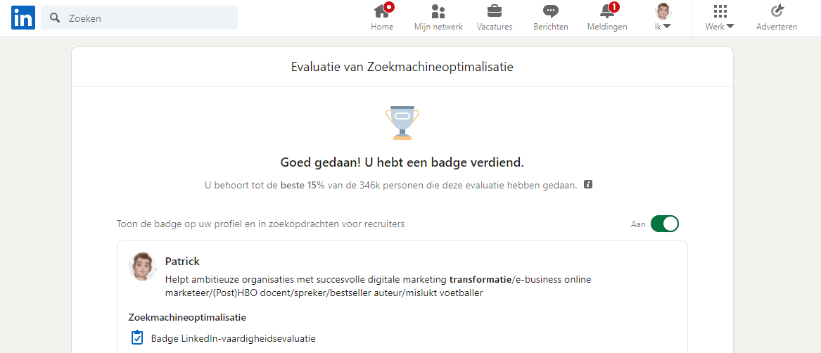 Laat ik eerlijk zijn; hij was pittig! Gelukkig gehaald en op LinkedIn weer een fraaie badge erbij